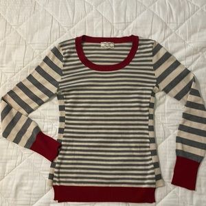 Pink Rose cream and gray striped sweater with red trim size medium scoop neck